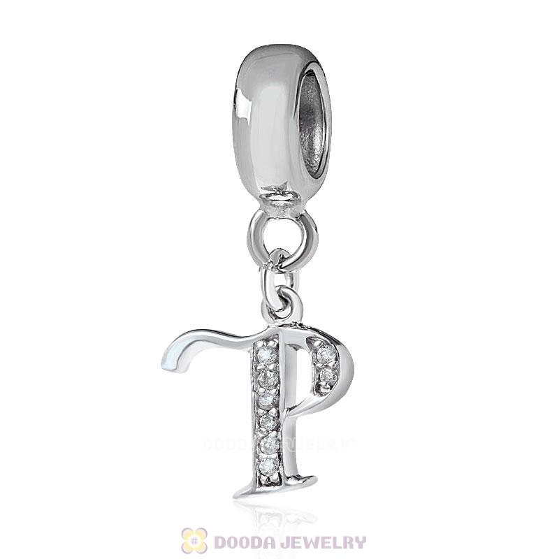 925 Sterling Silver Dangle Letter P Beads with CZ Stone