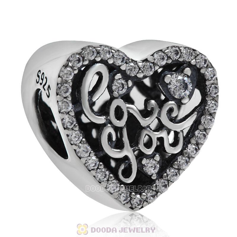 Love You Heart Charm Beads Clear CZ