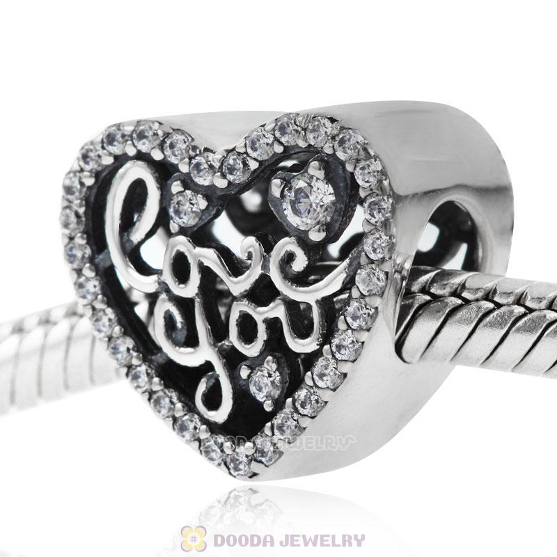 Love You Heart Charm Beads Clear CZ