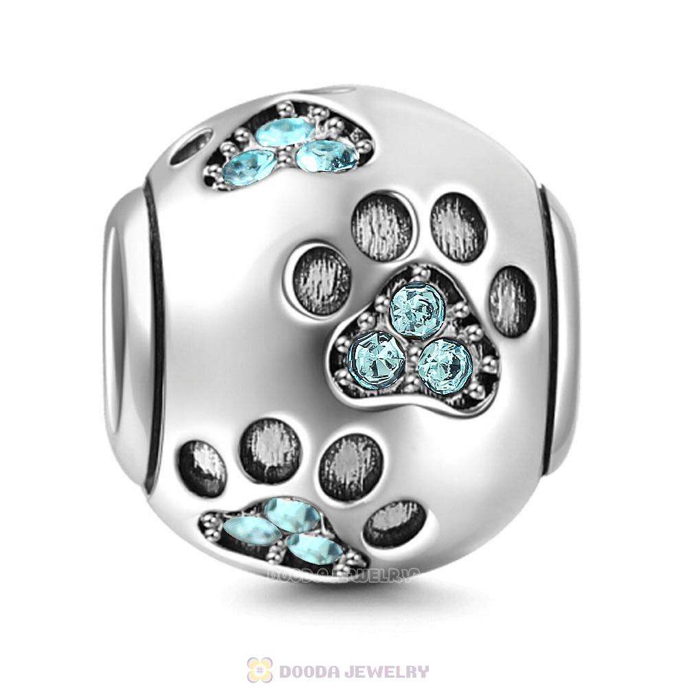 Dog Paw Print Charm Aquamarine Crystal