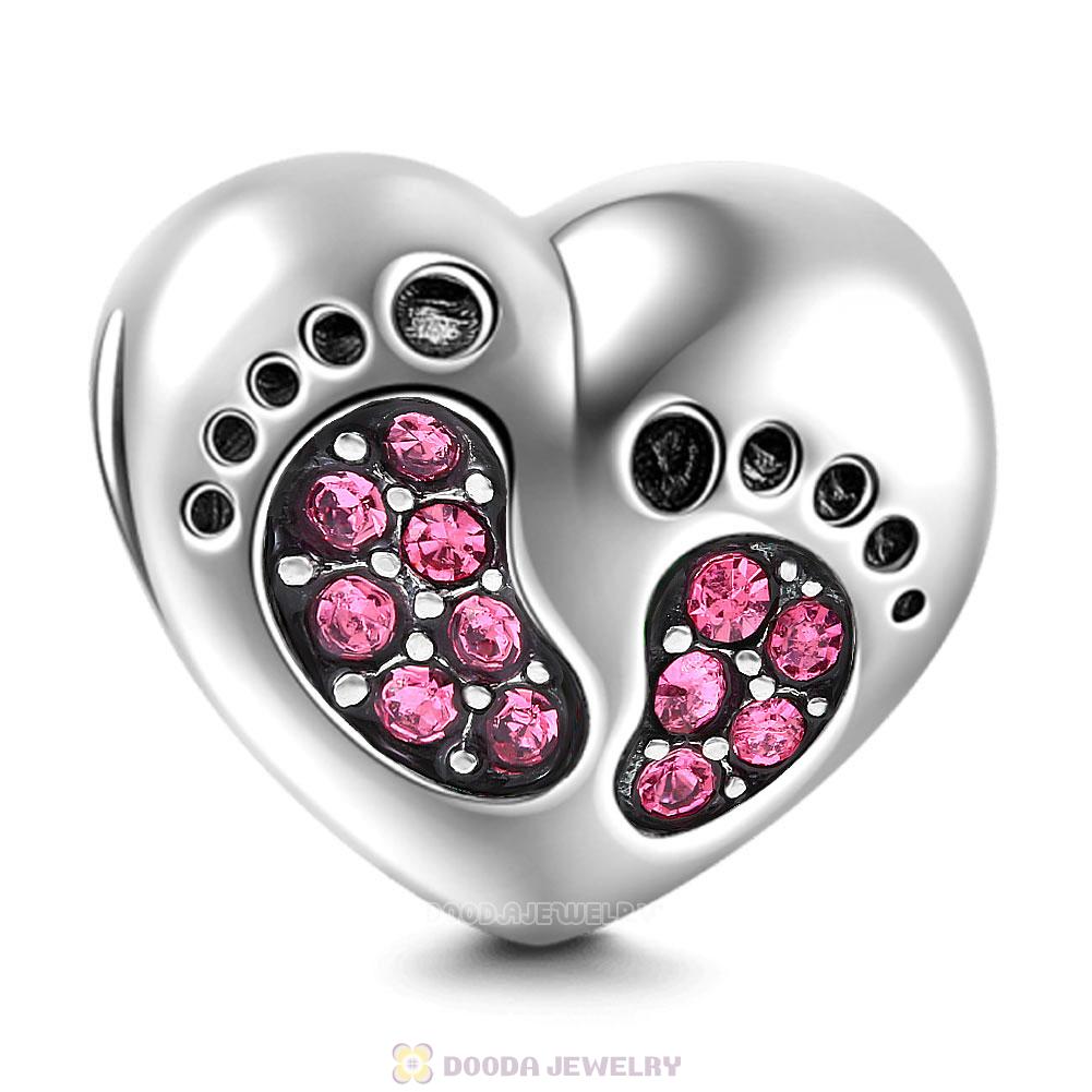 Baby Footprint Heart Charm Rose Crystal