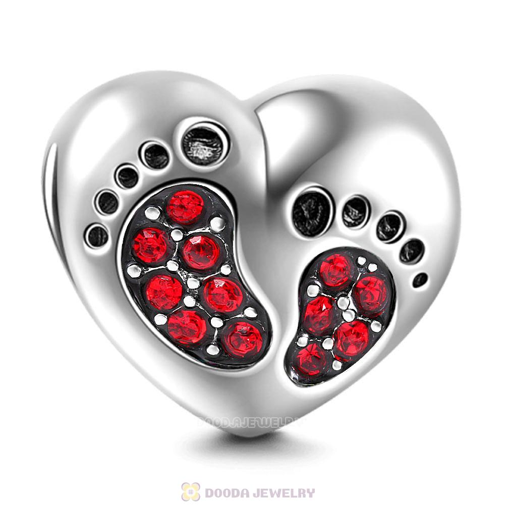 Baby Footprint Heart Charm Red Crystal