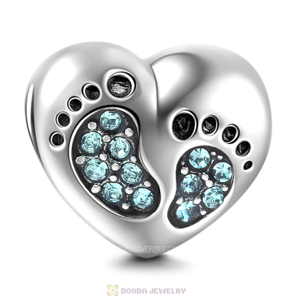 Baby Footprint Heart Charm Aquamarine Crystal