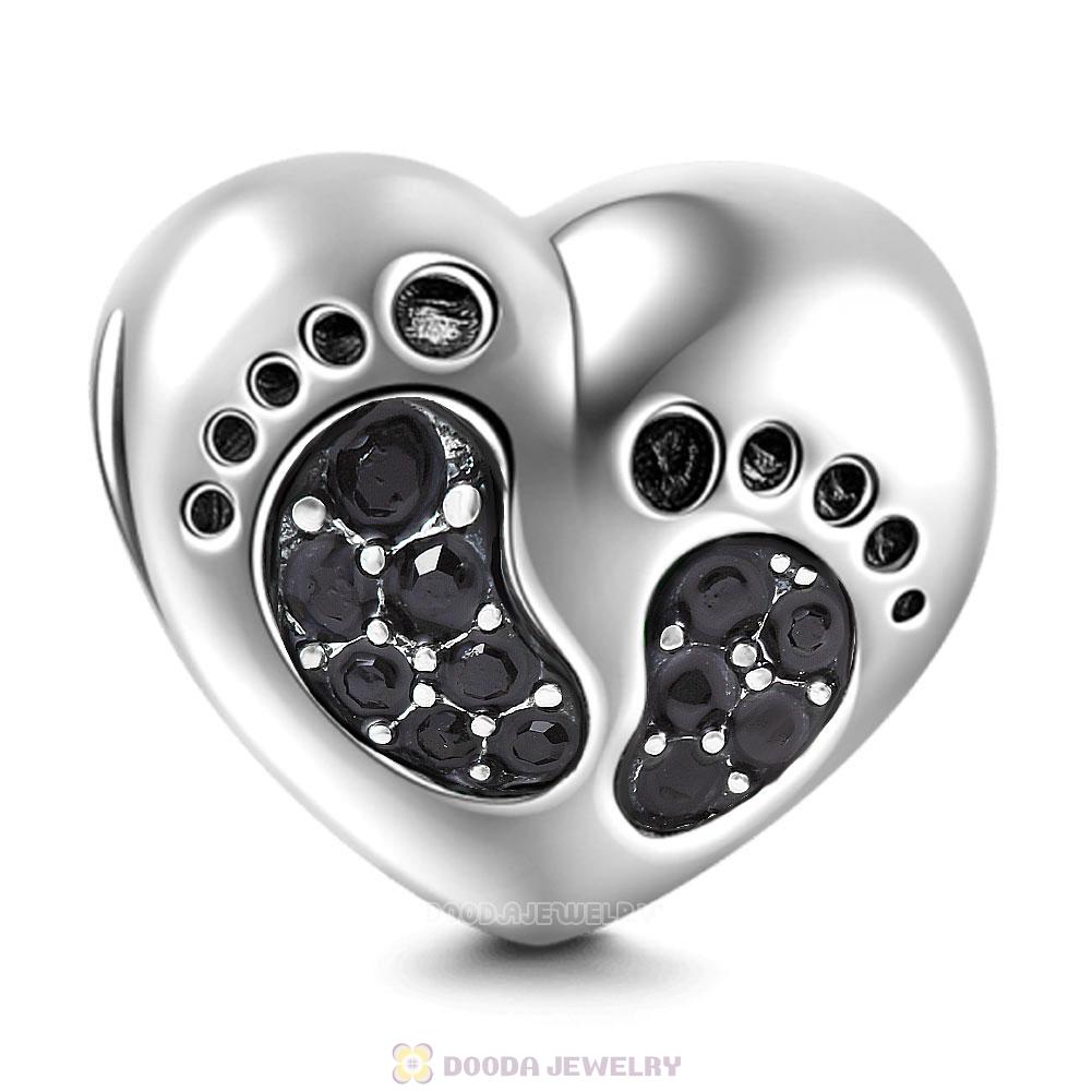 Baby Footprint Heart Charm Jet Crystal