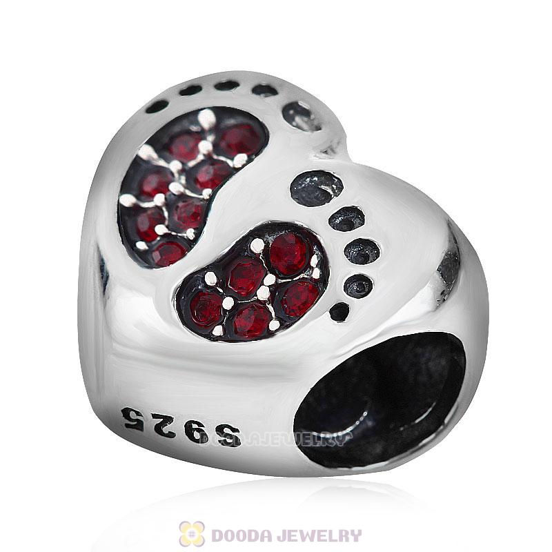 Baby Footprint Heart Charm Siam Crystal