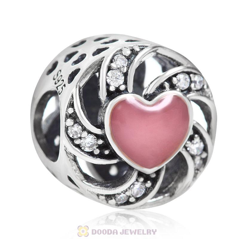 Ribbon Heart Charm Pink Enamel and Clear CZ