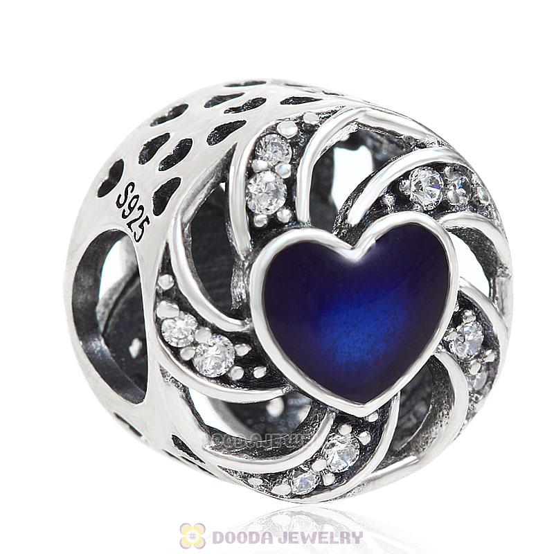 Ribbon Heart Charm Blue Enamel and Clear CZ