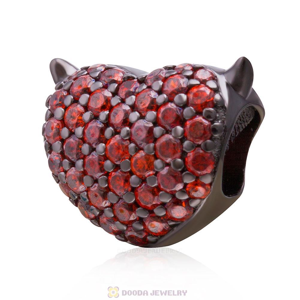 Gun Black Sterling Silver Devil Heart Charm with Stone