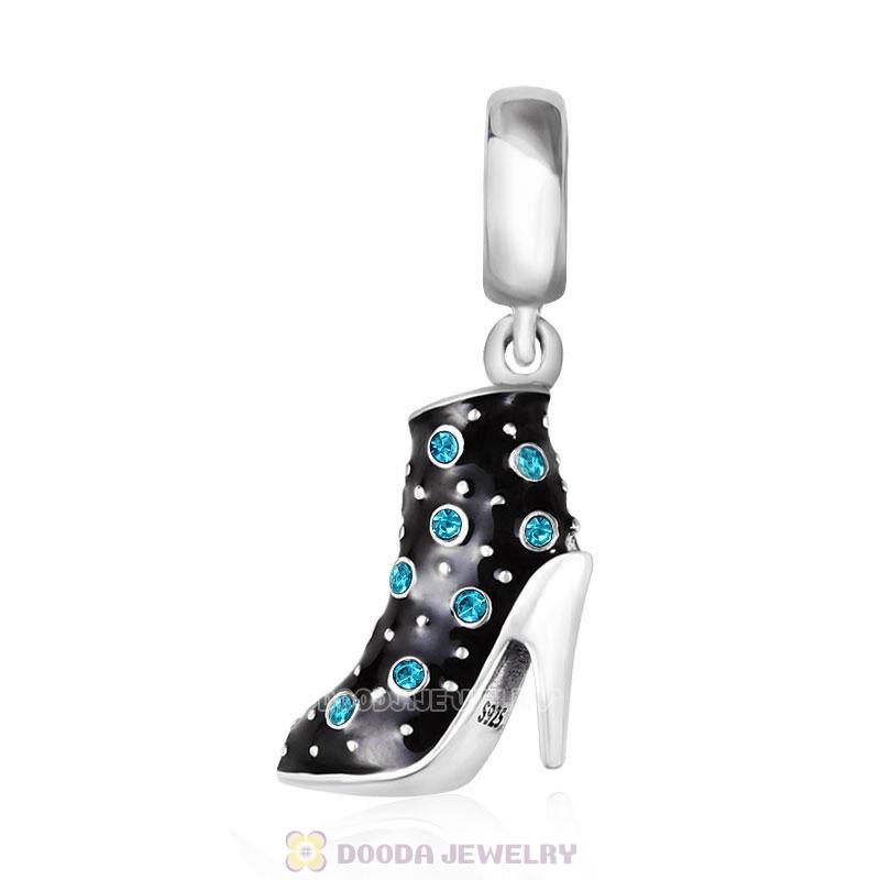 Black High Heel Dangle Charms with Blue Zircon Austrian Crystal