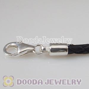 22cm European Style Single Black Braided Leather Bracelet with Lobster Clasp