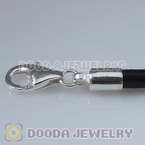 38cm European Double Slippy Black Leather Chain with Sterling Lobster Clasp