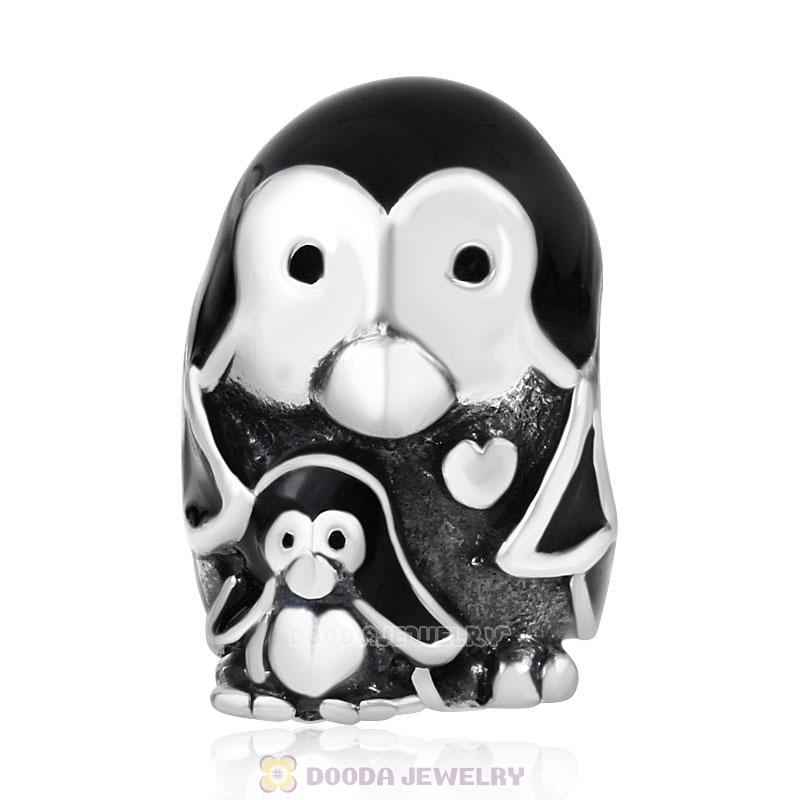 Sterling Silver Penguin Family with Black Enamel Beads European Style