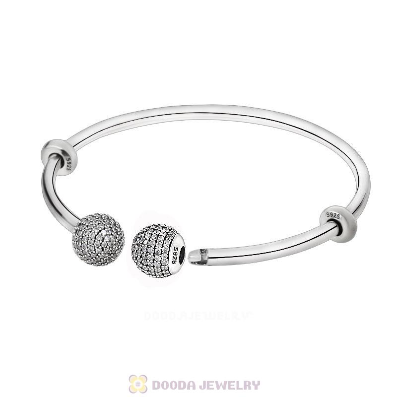 925 Sterling Silver Open Bangle Bracelet with Gemstone Ball
