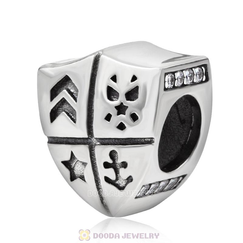Proud to Serve Charm 925 Sterling Silver Shield Beads with Stones