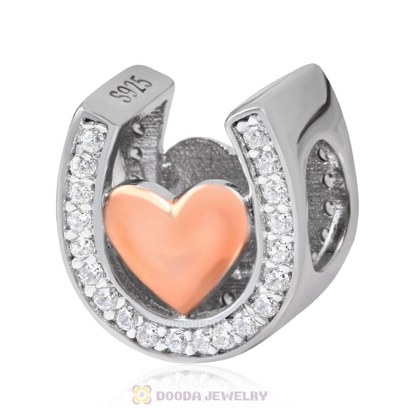 Rose Gold Heart Horseshoe Shape Charm 925 Sterling Silver 