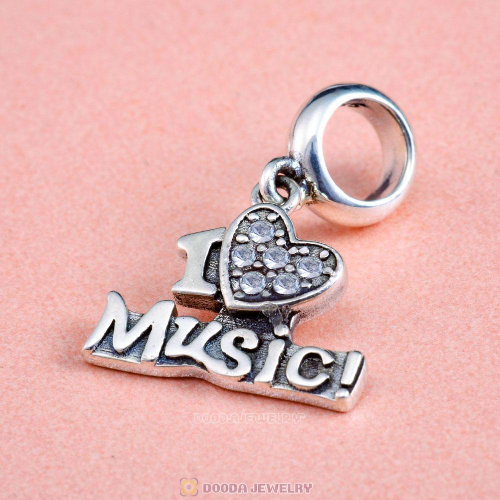I Love my Music Charms 925 Sterling Silver with Clear Crystal