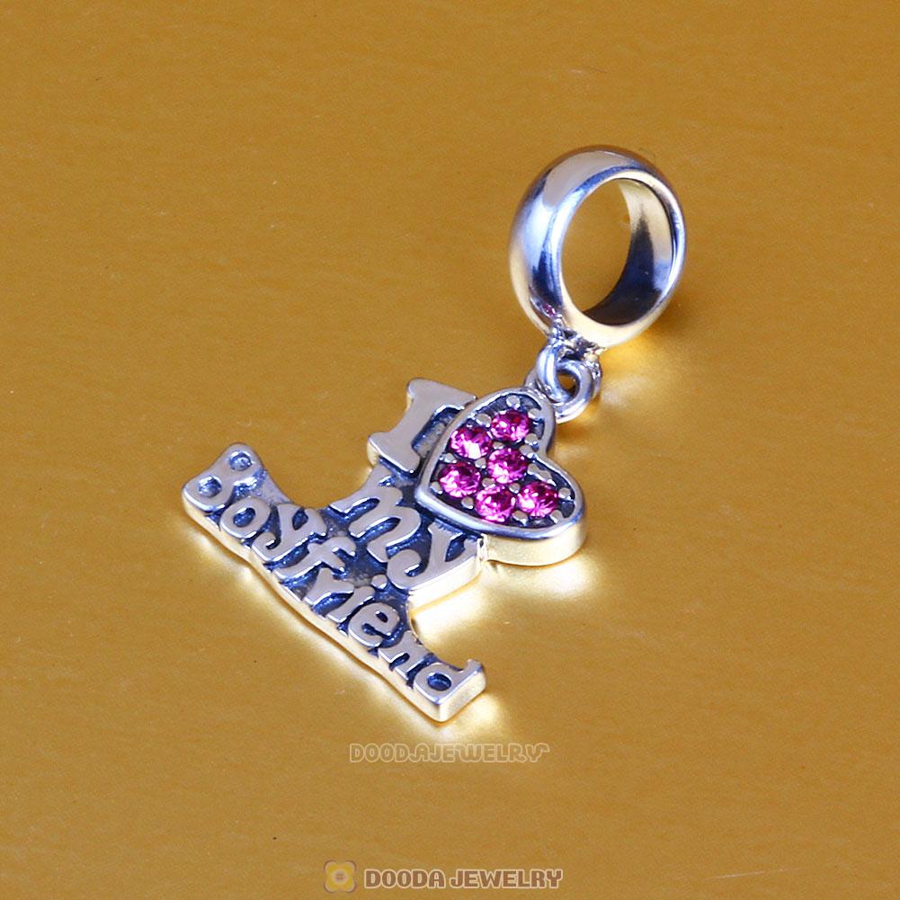 I Love my Boyfriend Charms 925 Sterling Silver with Rose Crystal