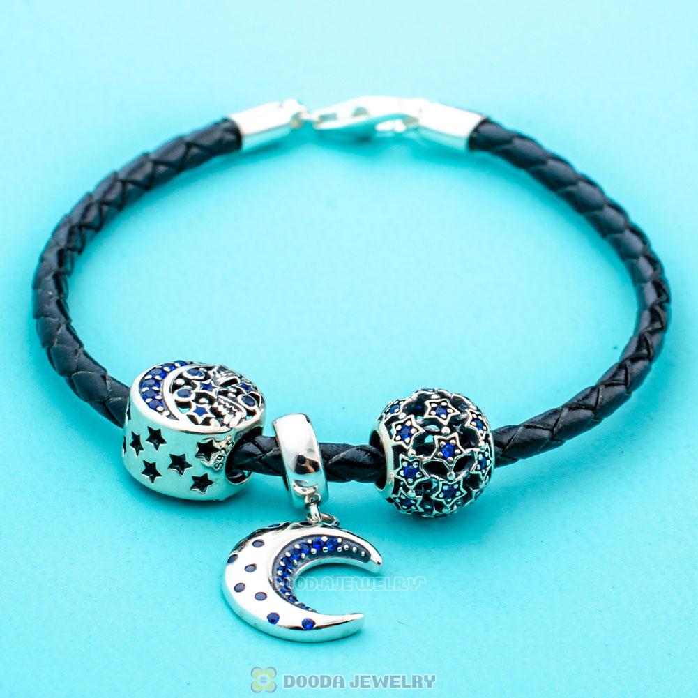 Starry Night Black Braided Leather Moon and Star Bracelet Charms