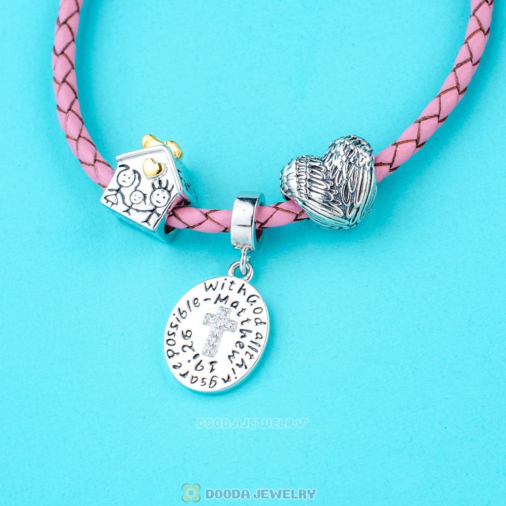 Guardian of Family Pink Braided Leather Cross Bracelet Charms