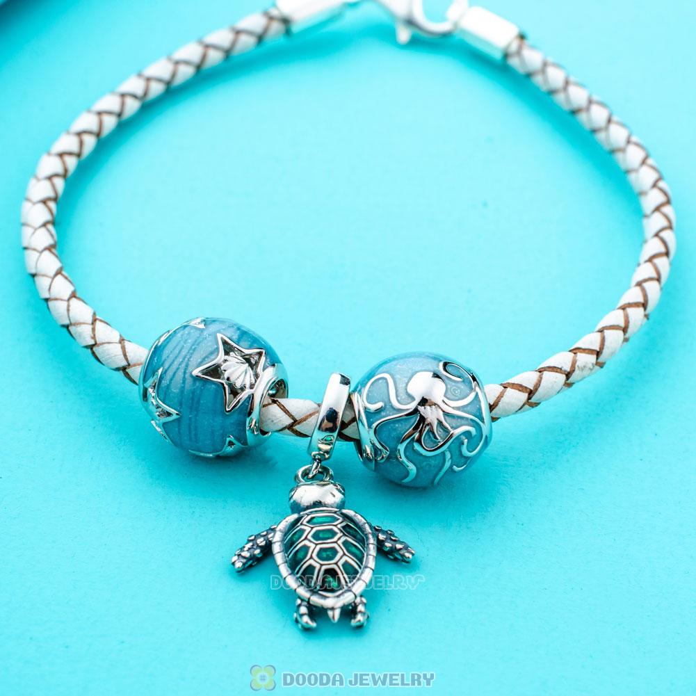 Ocean World White Braided Leather Turtle Bracelet Charms