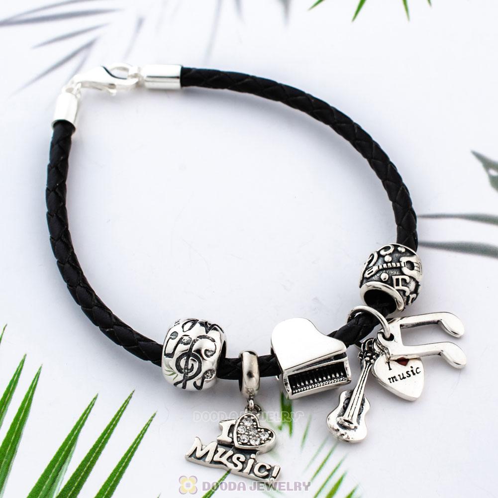 Sound of Music Black Braided Leather Muiscal Note Bracelet Charms