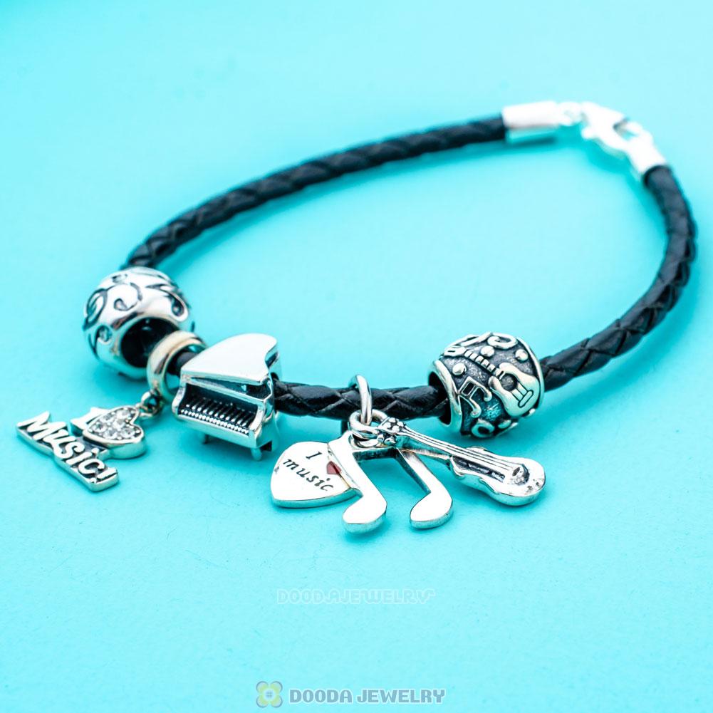 Sound of Music Black Braided Leather Muiscal Note Bracelet Charms