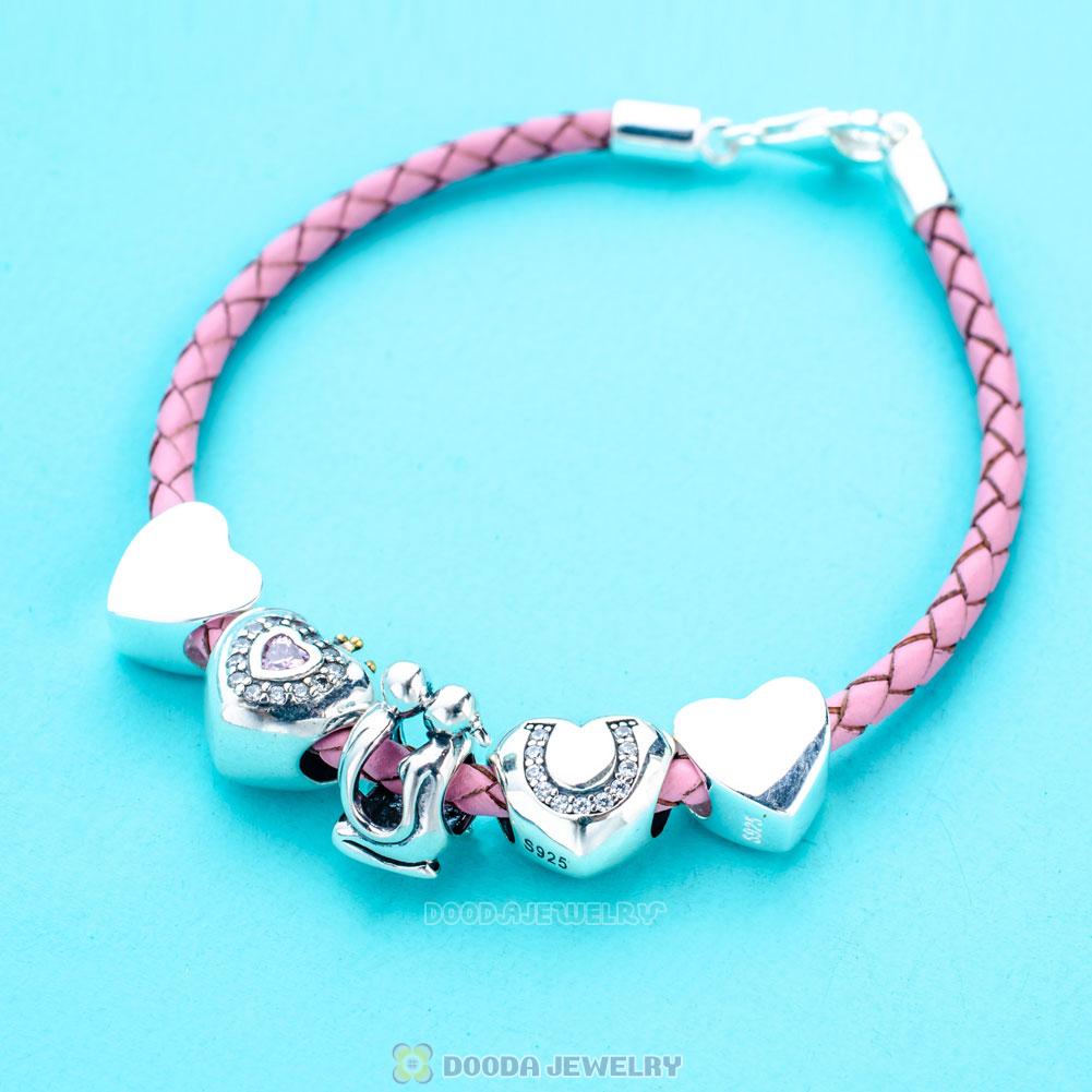Pink Braided Leather Valentines Idea Love Bracelet Charms