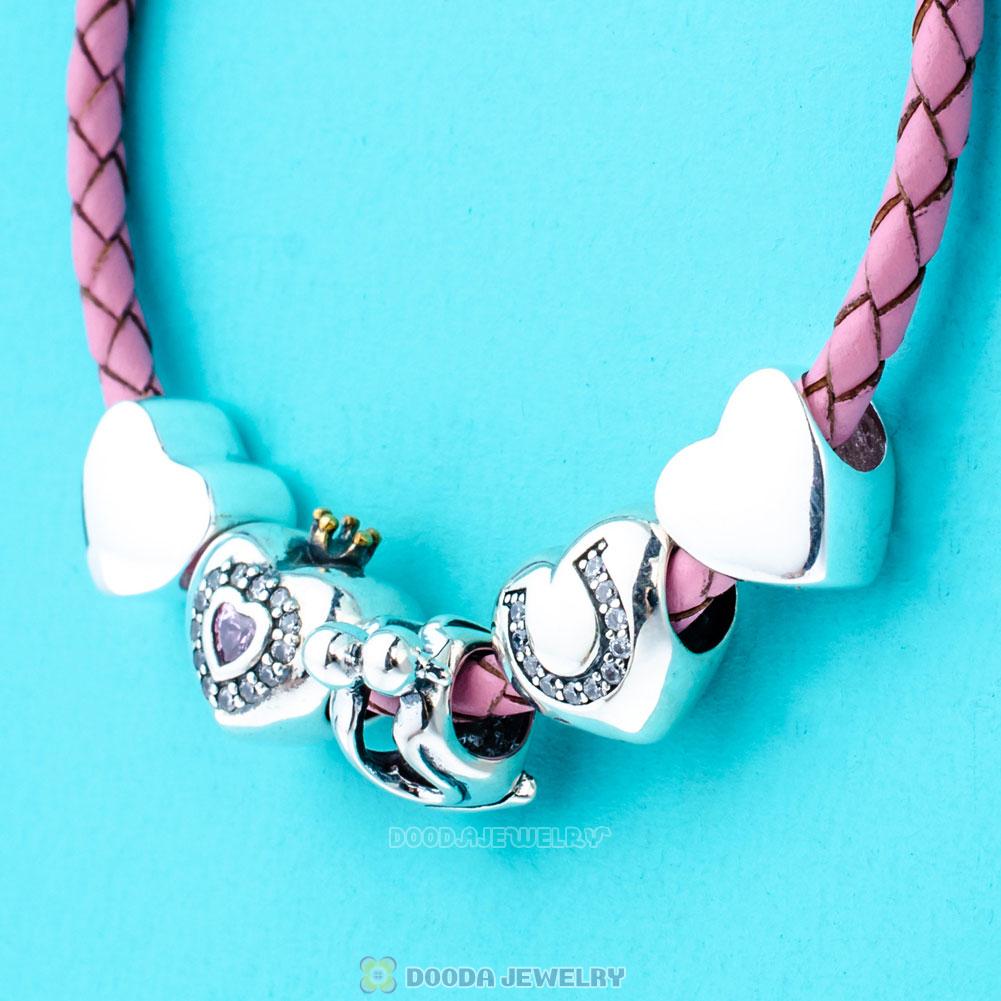 Pink Braided Leather Valentines Idea Love Bracelet Charms