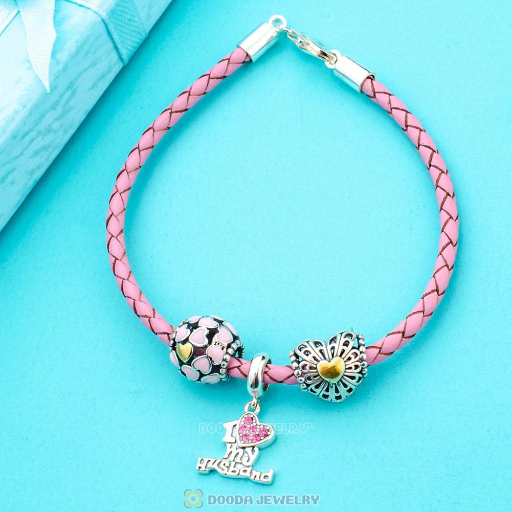 Pink Braided Leather Valentines with Love Bracelet Charms From Husband