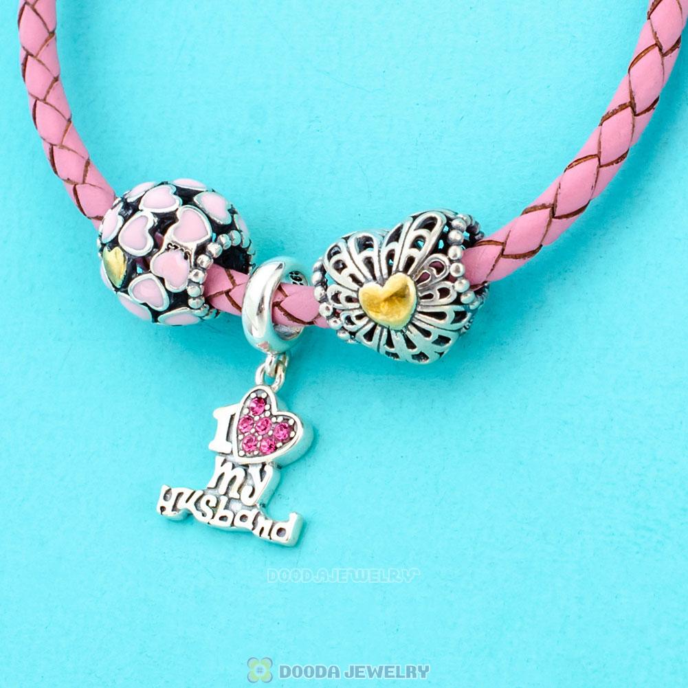 Pink Braided Leather Valentines with Love Bracelet Charms From Husband