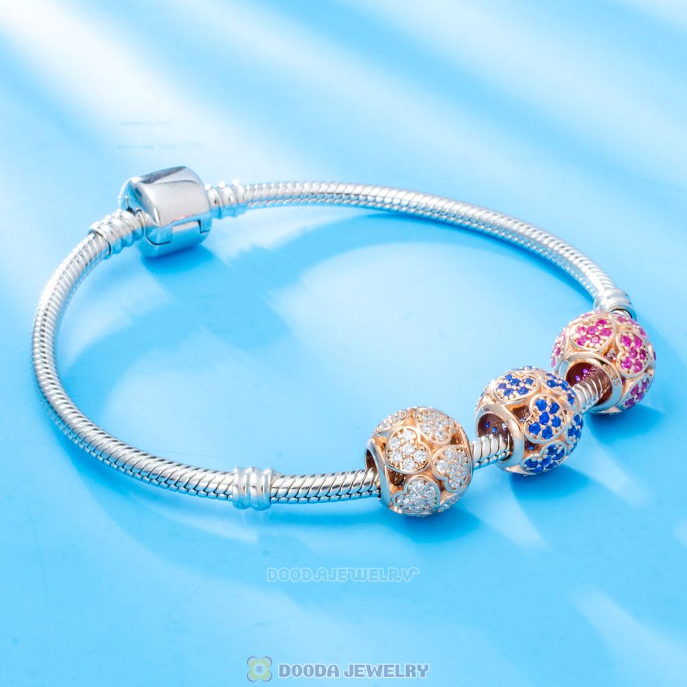 Rose Gold Trumbling Heart Charm Bead with White Zircon