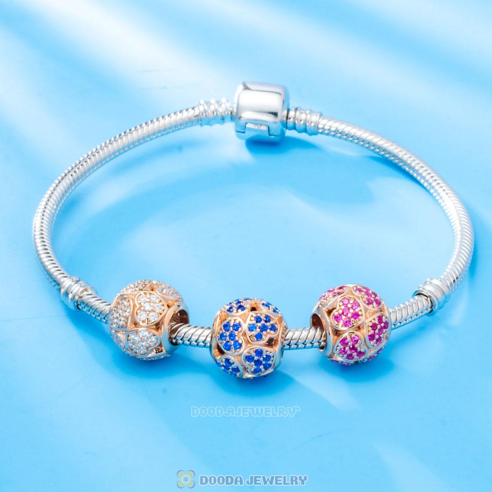 Rose Gold Trumbling Heart Charm Bead with Blue Zircon