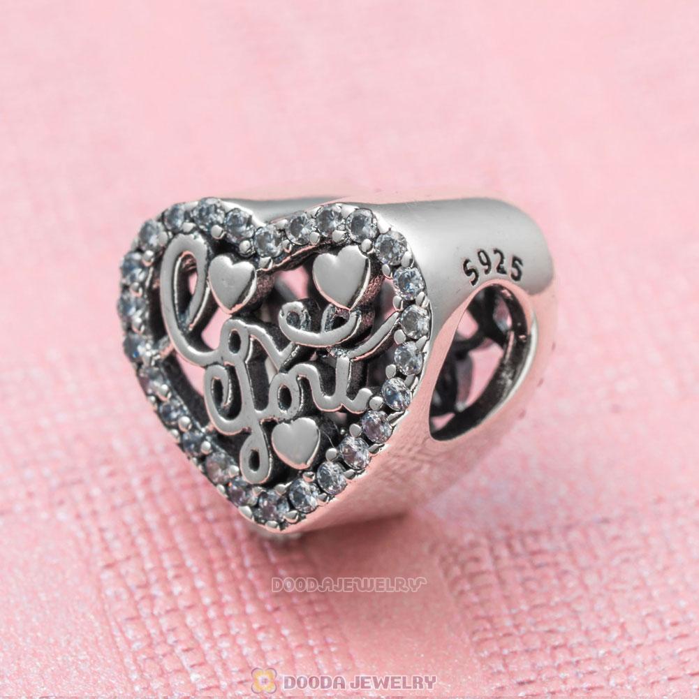 I Love You More Heart Charm Beads with Clear CZ