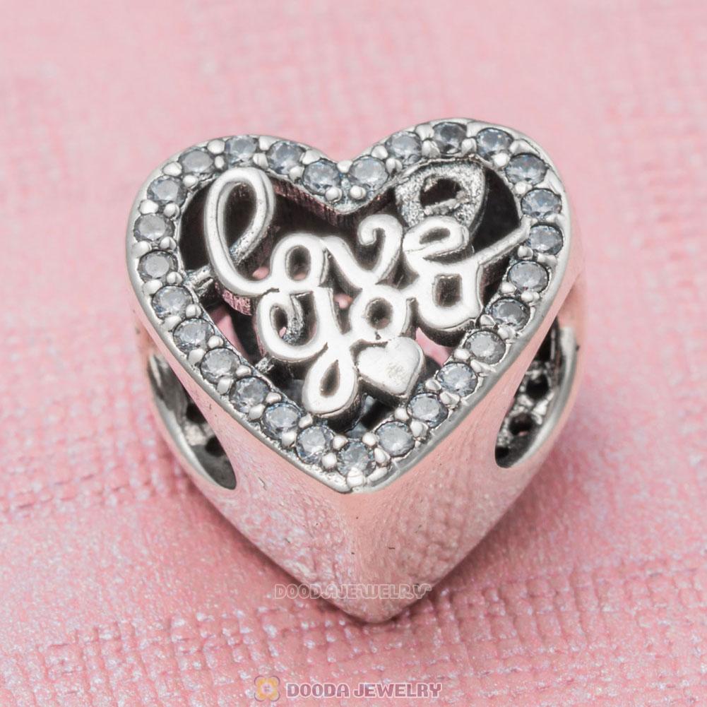 I Love You Heart Charm Beads with Clear CZ
