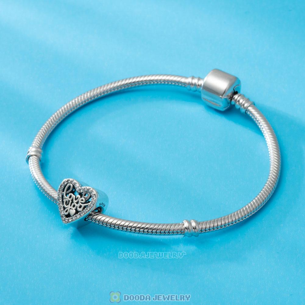 I Love You Heart Charm Beads with Clear CZ