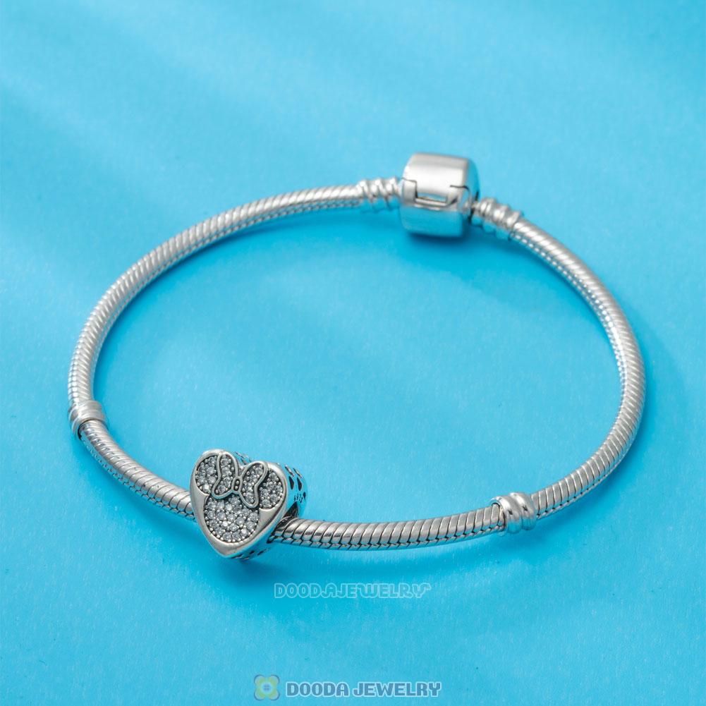 Mickey and Minnie Heart Charm Bead with Pave Clear CZ