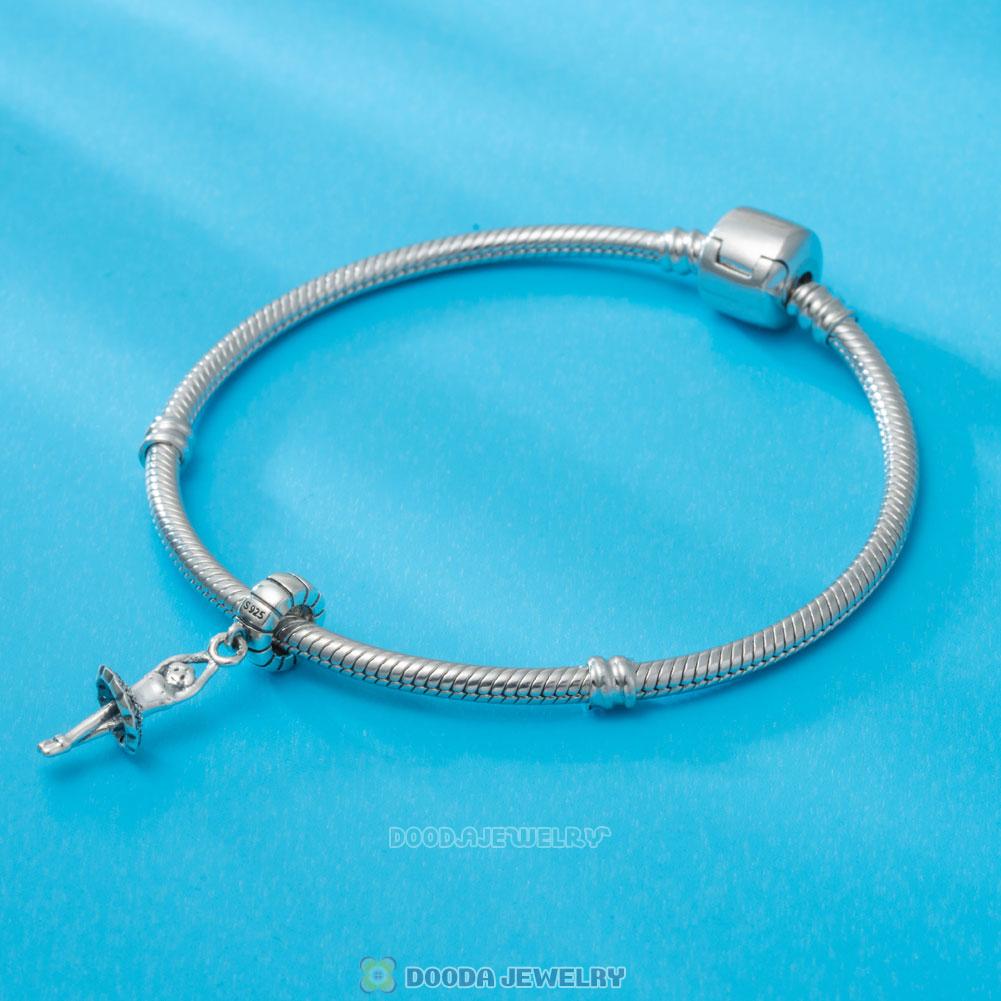 Ballerina Hanging Charm in 925 Sterling Silver with Clear Cz