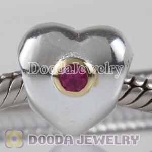 European Style Silver Heart Beads Gold Plated with Red CZ Stone