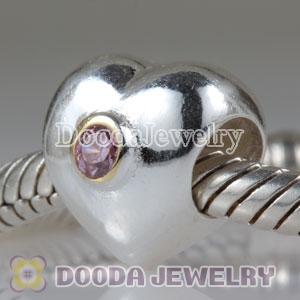 European Style Silver Heart Beads Gold Plated with Pink Stone