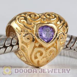 Gold Plated Sterling Silver European Style Love Beads with Purple Stone