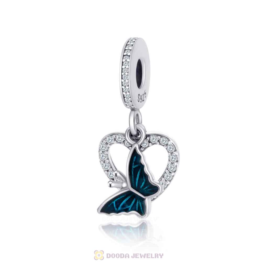 Blue Butterfly on Heart Charm Pendant