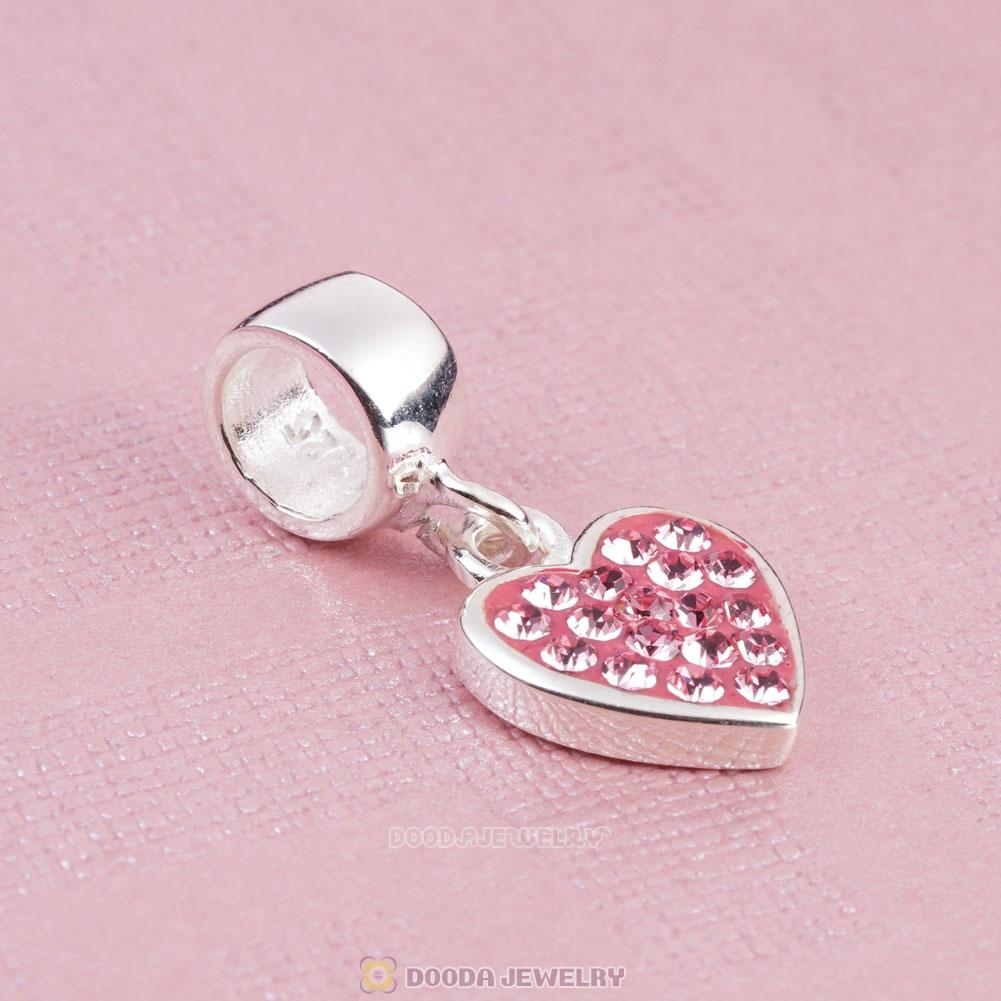 925 Sterling Silver Heart Dangle Charms With Pink Austrian Crystal Wholesale