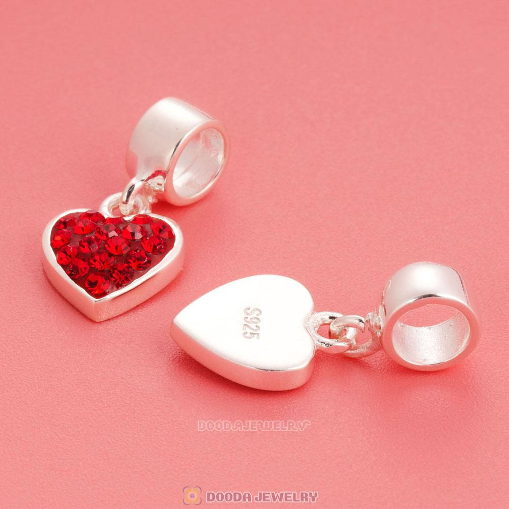 925 Sterling Silver Heart Dangle Charms With Red Austrian Crystal Wholesale