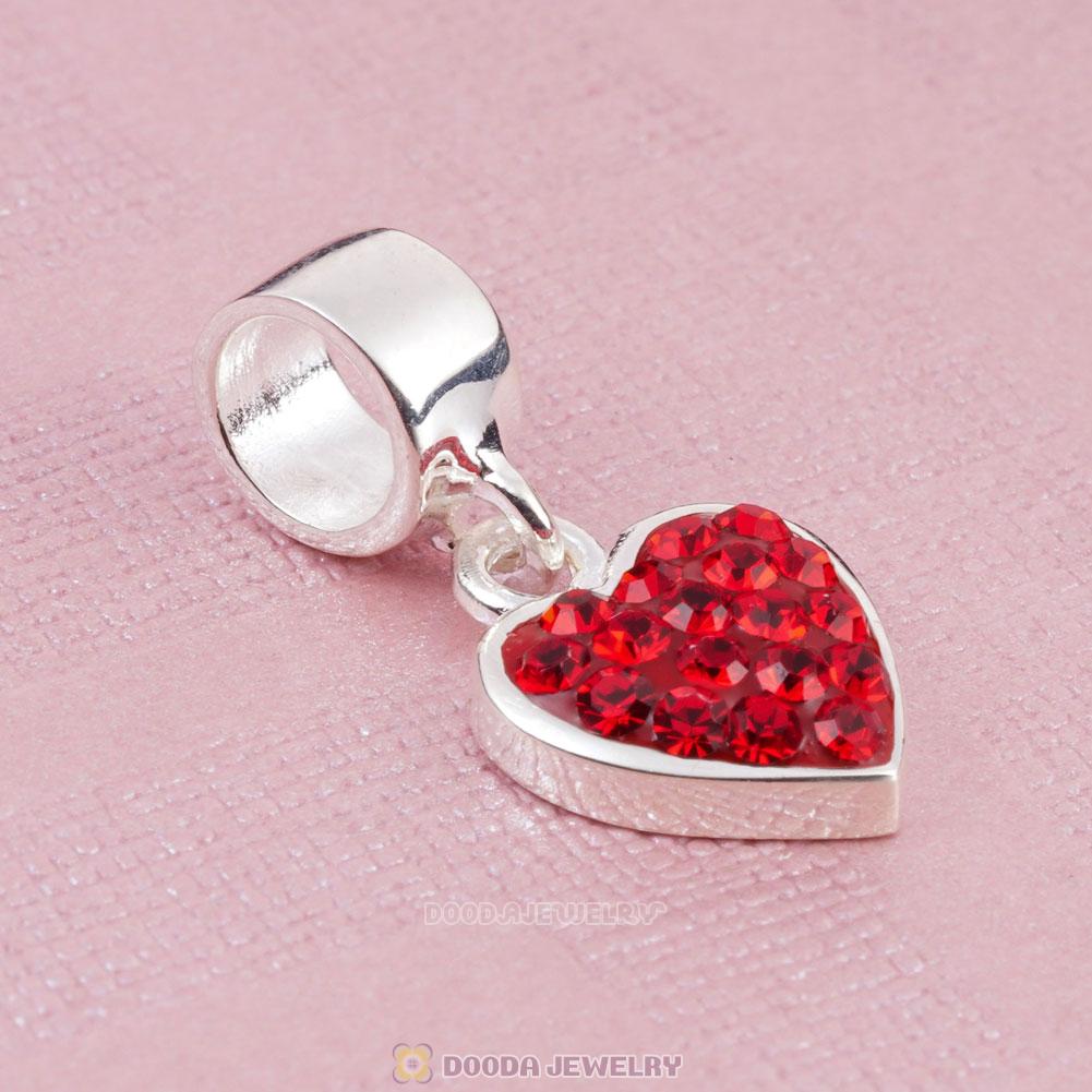 925 Sterling Silver Heart Dangle Charms With Red Austrian Crystal Wholesale