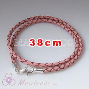 38cm pink braided European double leather bracelet sterling lobster clasp