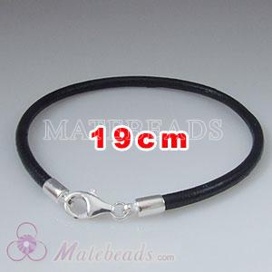 19cm black slippy European leather bracelet sterling lobster clasp