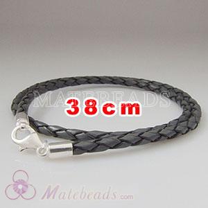 38cm gray braided European double leather bracelet sterling lobster clasp