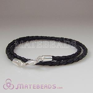 40cm black braided European double leather bracelet sterling lobster clasp