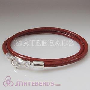 40cm red slippy European double leather bracelet sterling lobster clasp