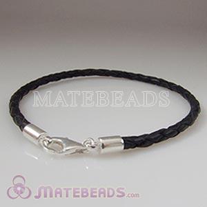 26cm black braided European leather bracelet sterling lobster clasp